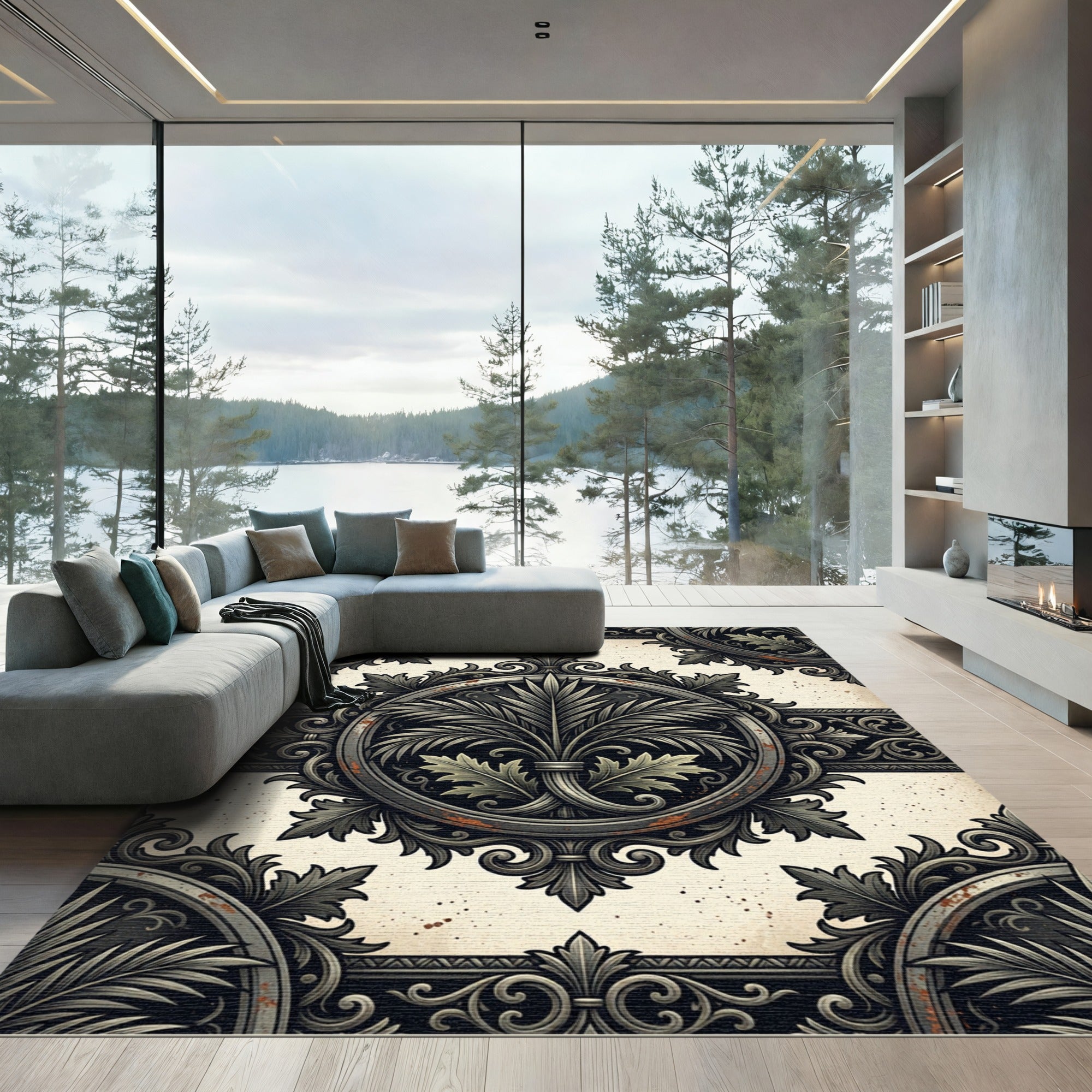 Ornate Charcoal Acanthus Palm Medallion Rug