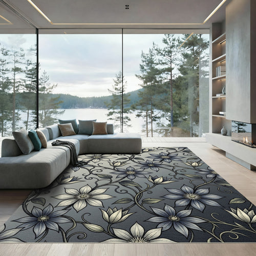 Blue Cream Floral Vines Rug