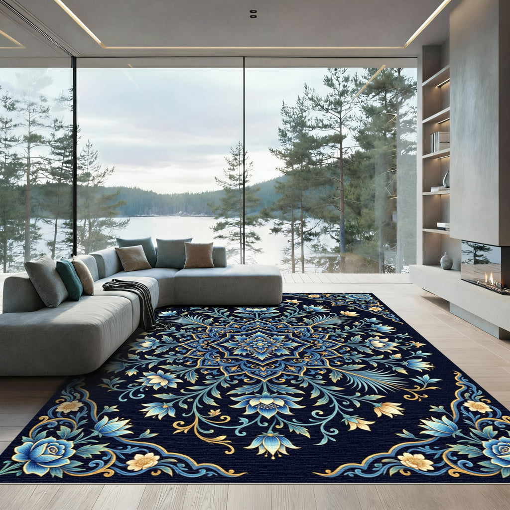 Ornate Blue Golden Botanical Mandala Rug