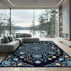 Ornate Blue Golden Botanical Mandala Rug