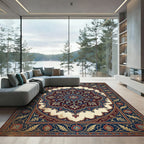 Ornate Navy Crimson Floral Medallion Rug