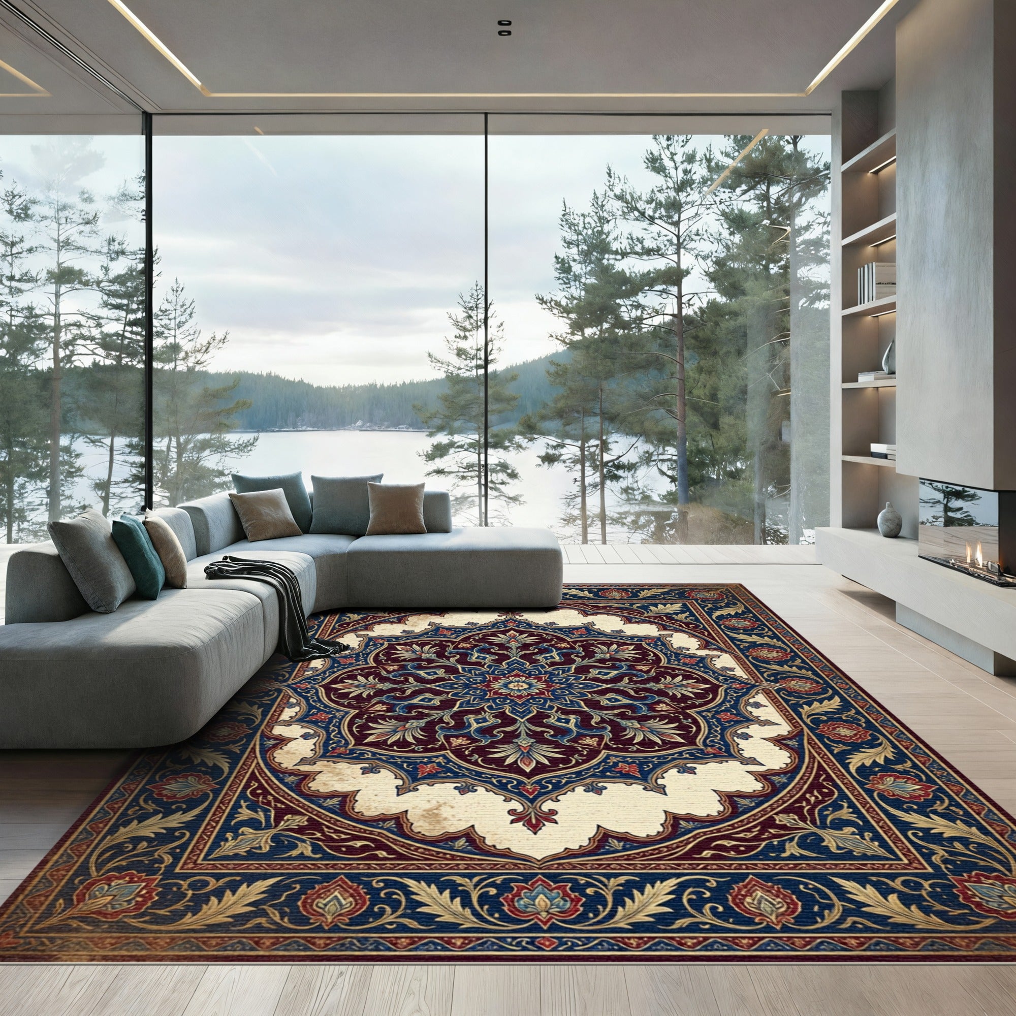 Ornate Navy Crimson Floral Medallion Rug