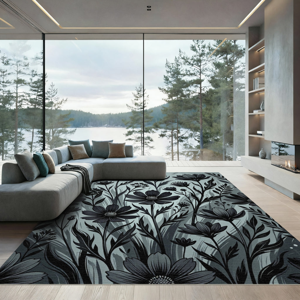 Monochromatic Charcoal Botanical Meadow Illustration Rug