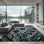 Monochromatic Charcoal Botanical Meadow Illustration Rug