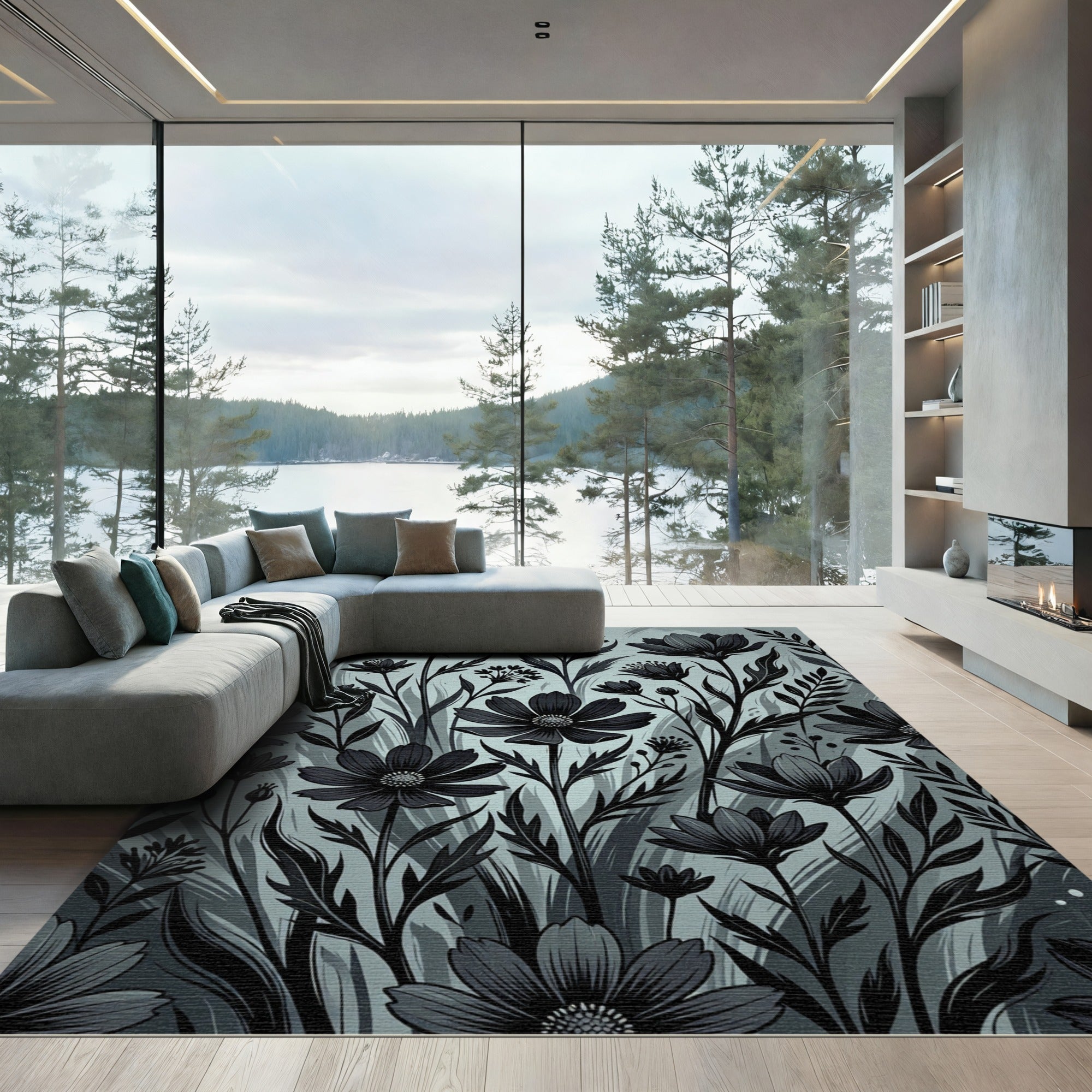 Monochromatic Charcoal Botanical Meadow Illustration Rug