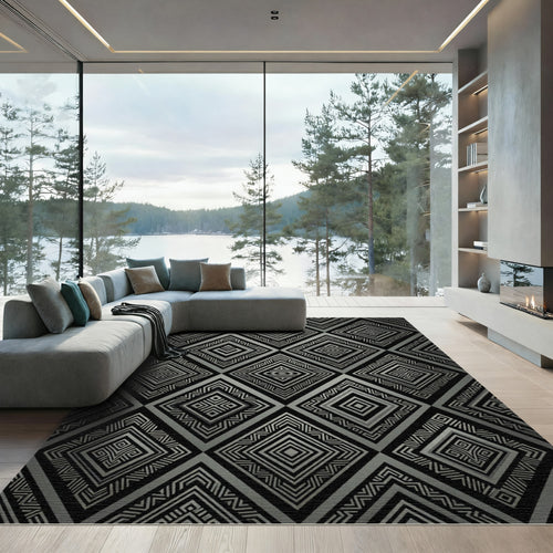 Black Silver Diamond Geo Art Rug