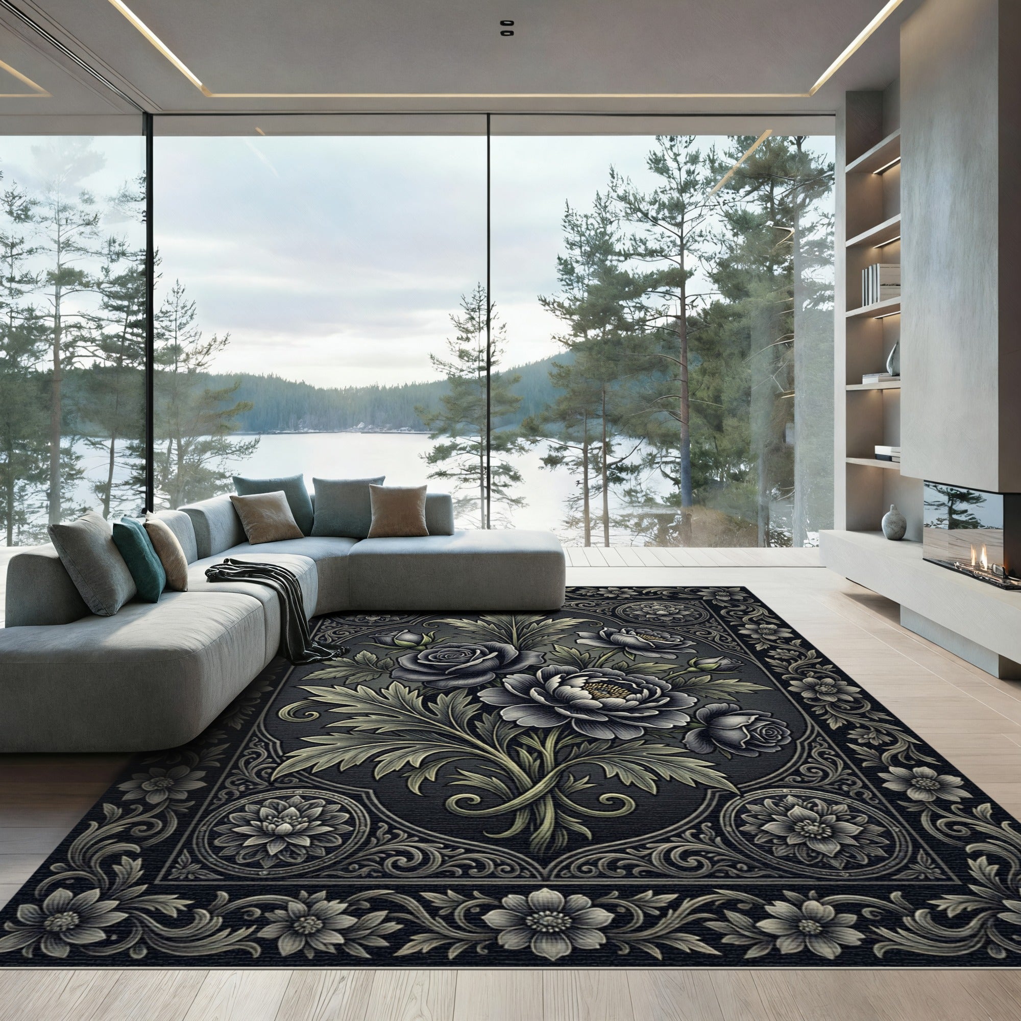 Ornate Charcoal Floral Bouquet Rug