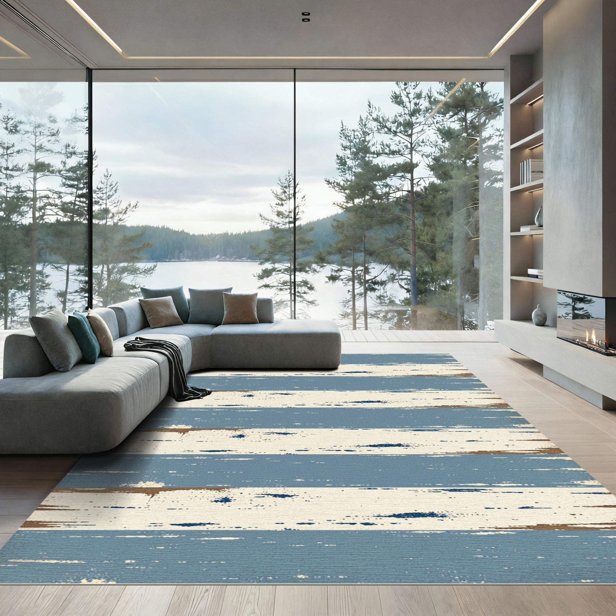 Distressed Blue Cream Horizontal Stripe Rug