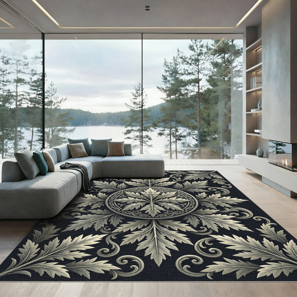 Elegant Silver Acanthus Leaf Medallion Rug
