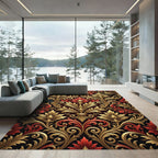 Ornate Gold and Crimson Damask Flourish Rug
