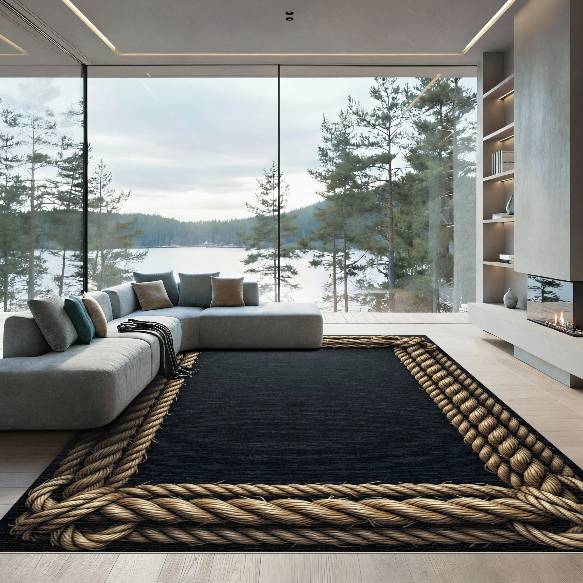 Braided Rope Border Rustic Texture Rug