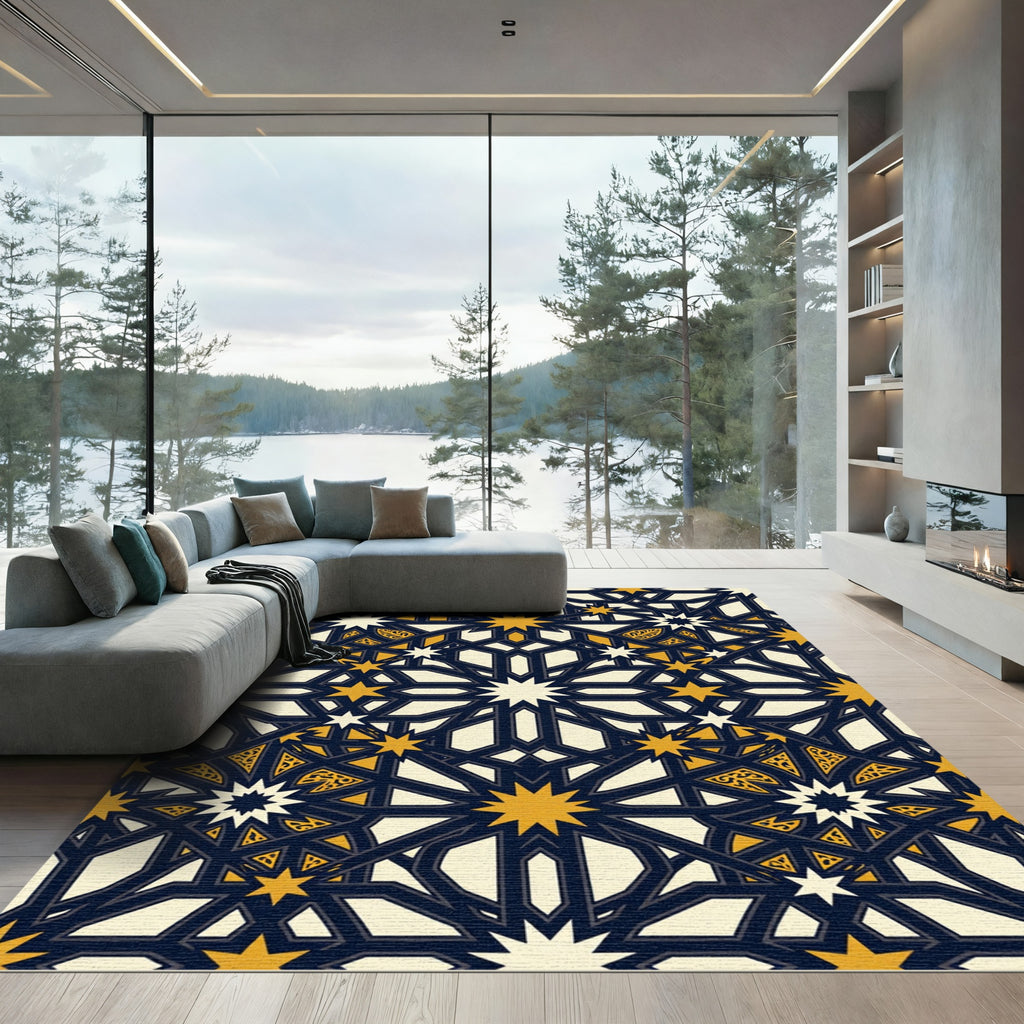 Geometric Golden Navy Star Tile Rug