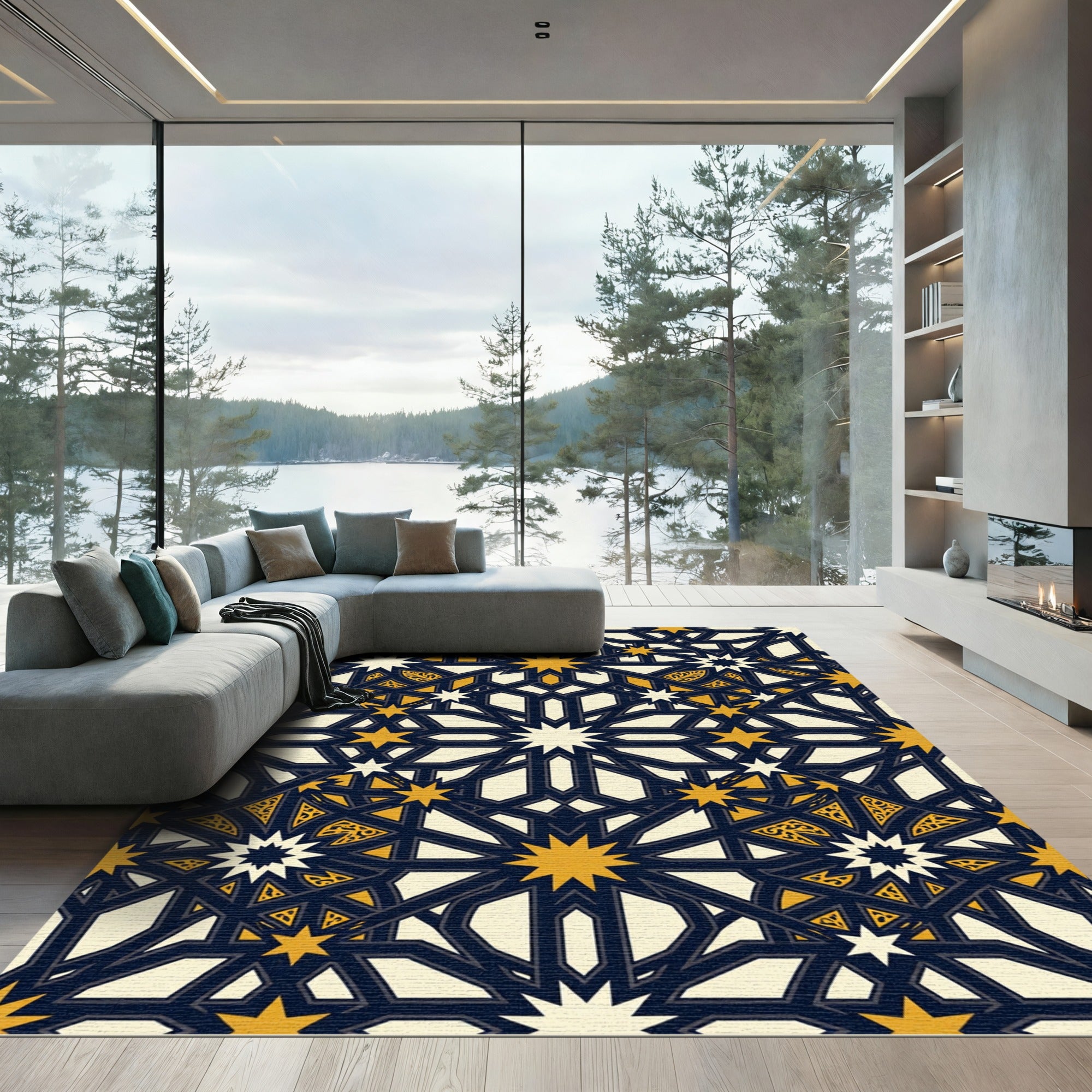 Geometric Golden Navy Star Tile Rug
