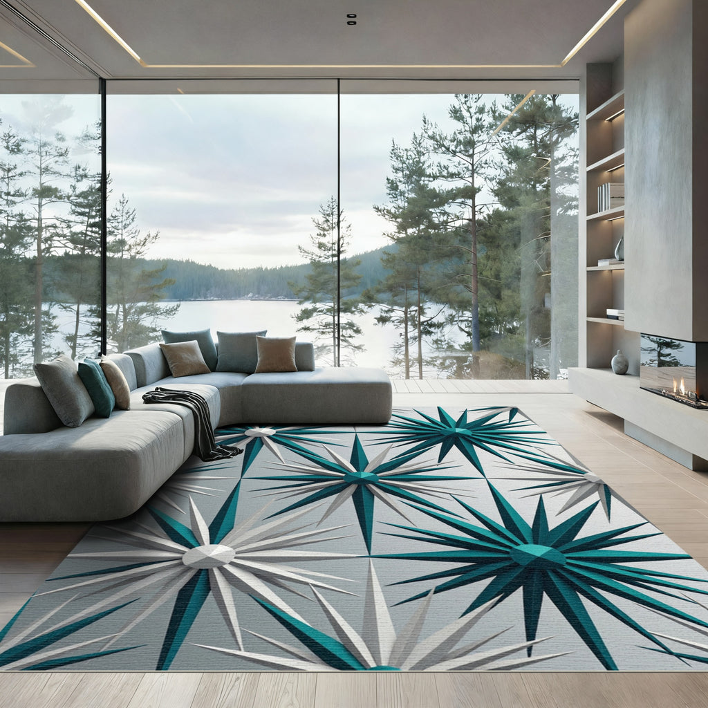 Aqua White Starburst Geometric Collage Rug