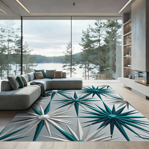 Aqua White Starburst Geometric Collage Rug