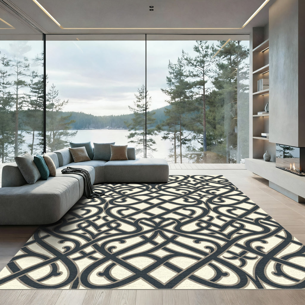 Intricate Dark Gray Interlocking Lattice Rug