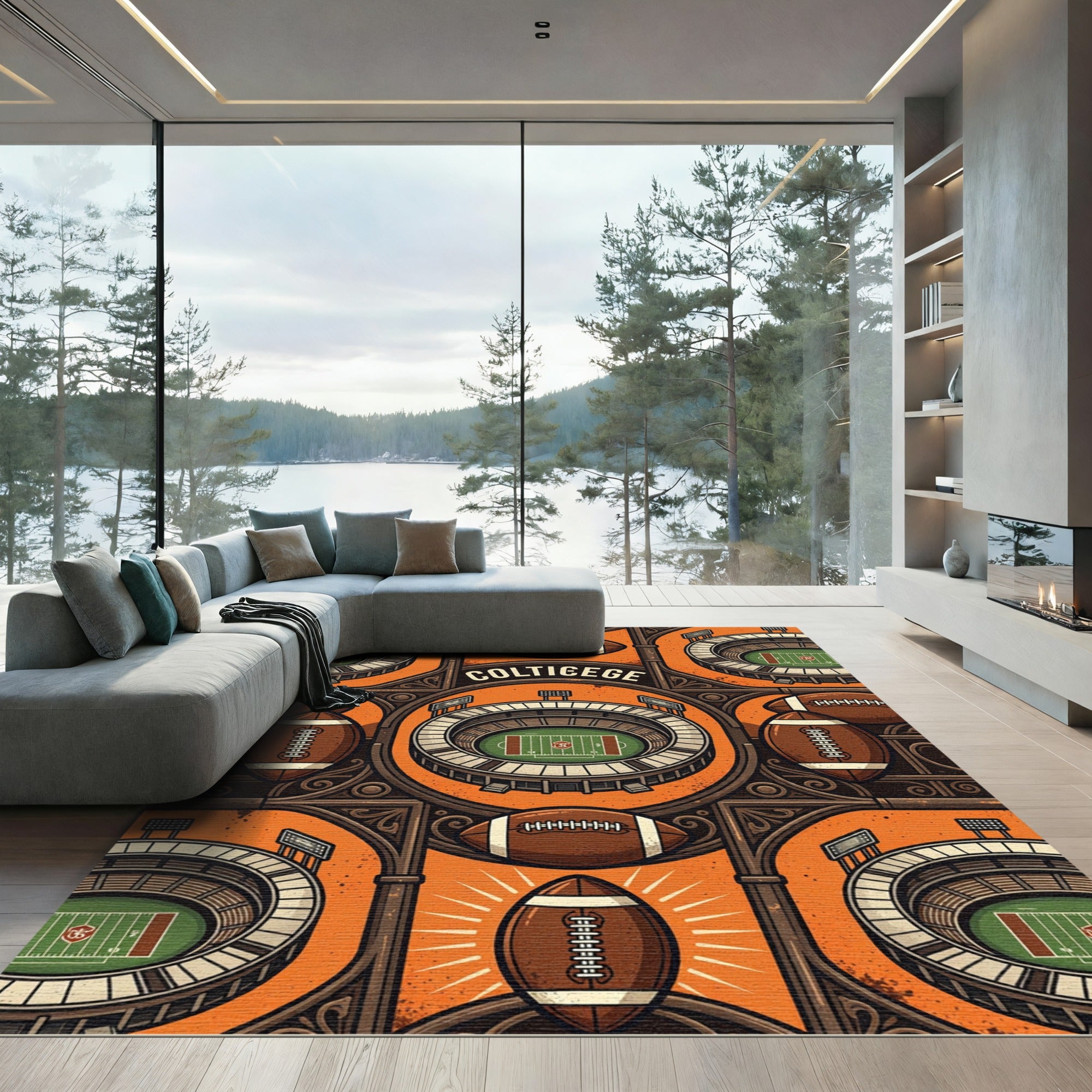 Vintage Orange Football Stadium Art Rug