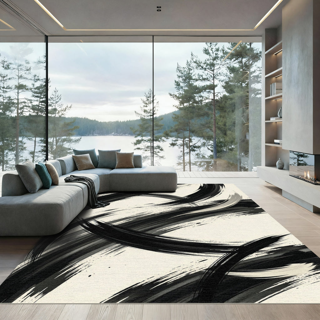 Modern Black and White Abstract Brushstroke Rug
