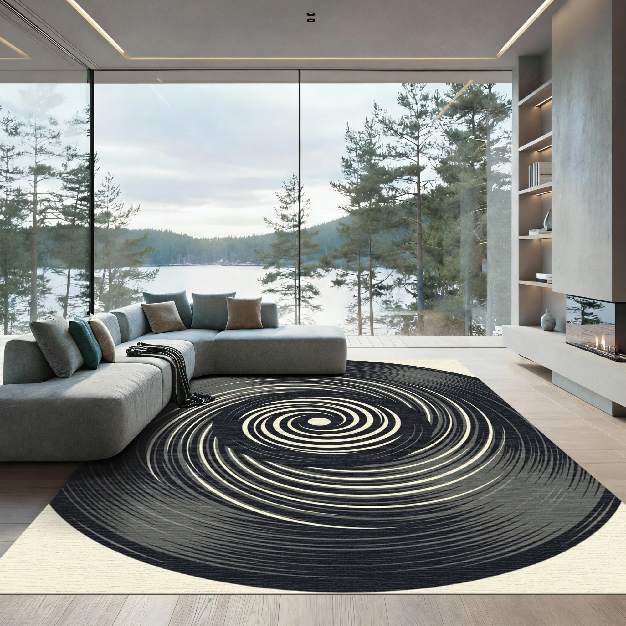 Minimalist Monochrome Swirling Circular Vortex Rug