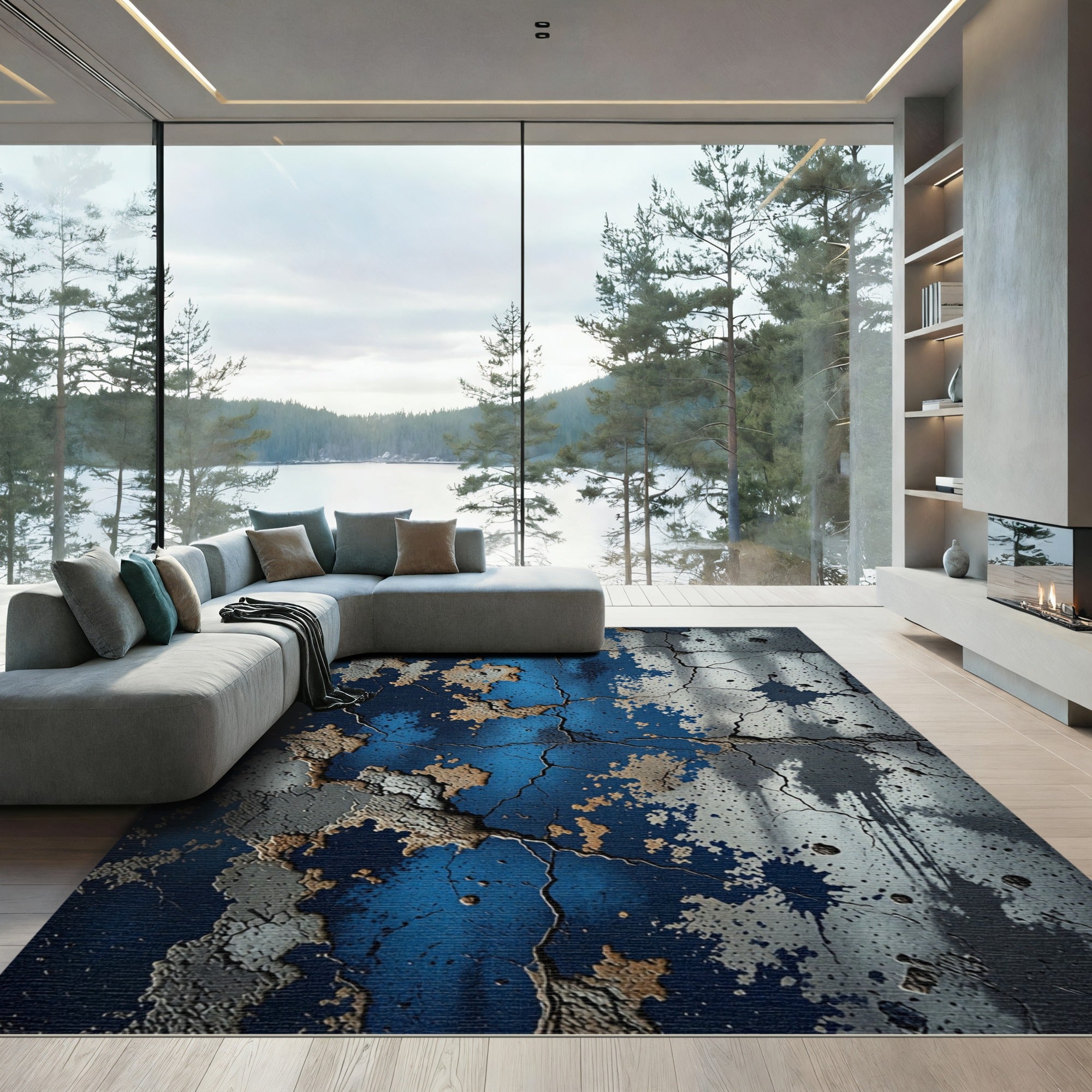 Cracked Blue And Brown Splatter Rug