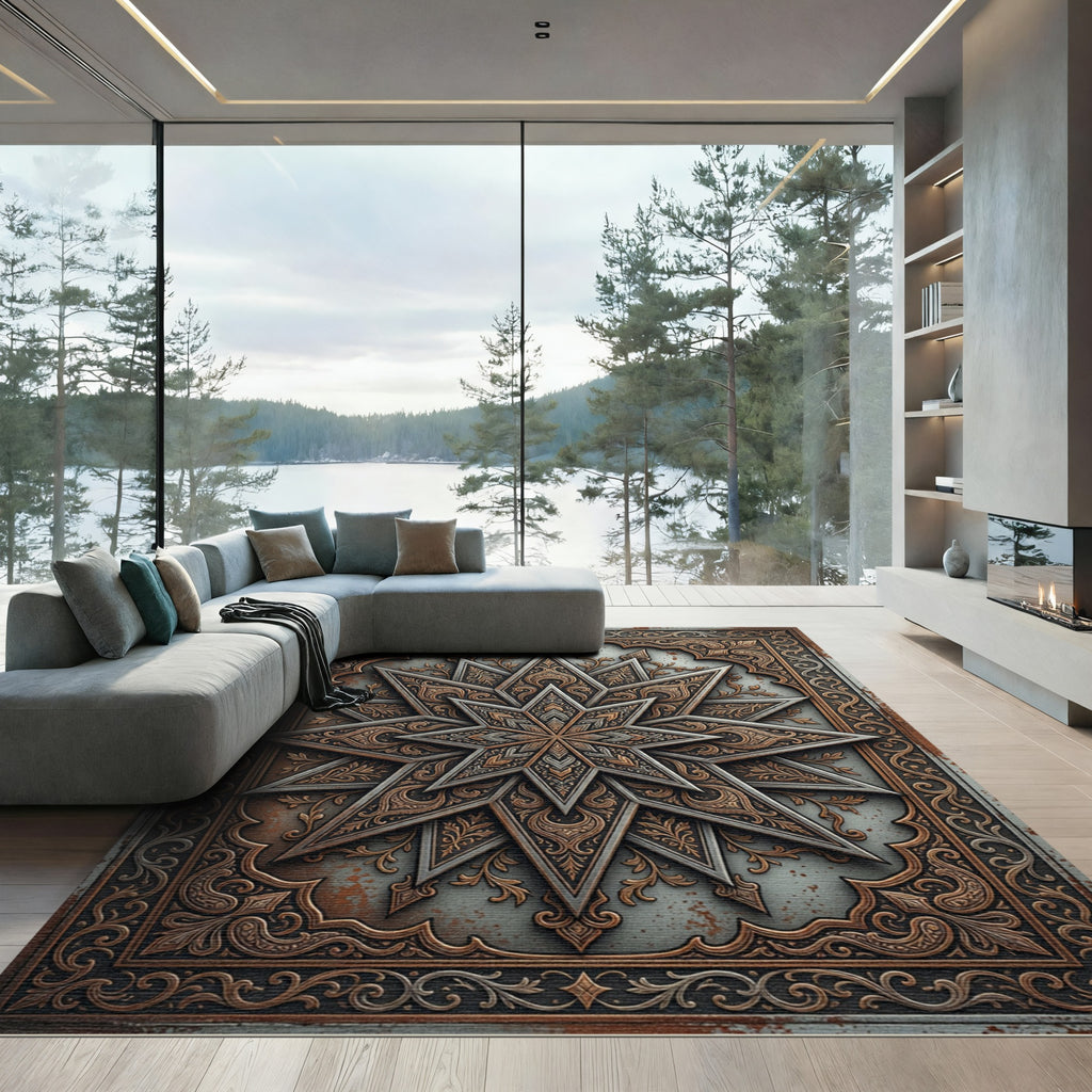 Ornate Metallic Bronze Geometric Star Rug
