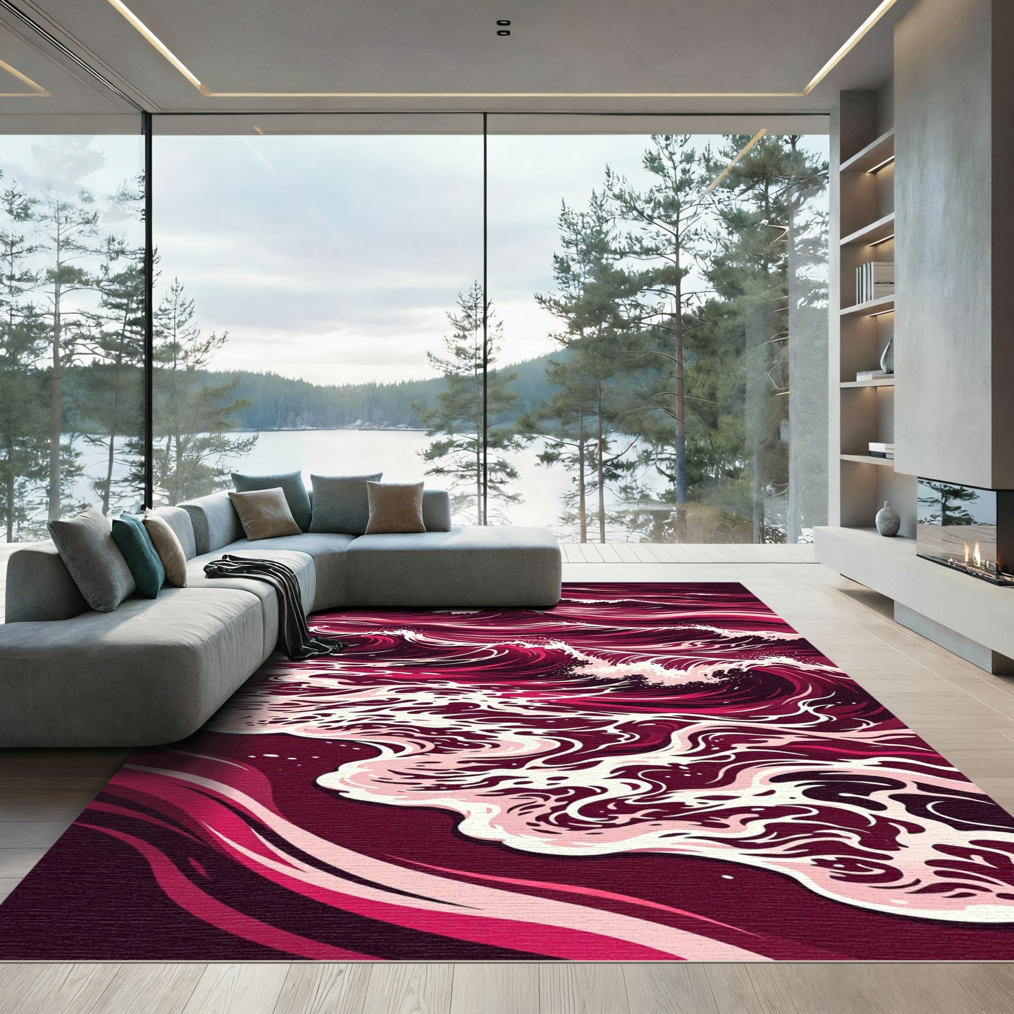 Crimson Ocean Waves Swirl Rug
