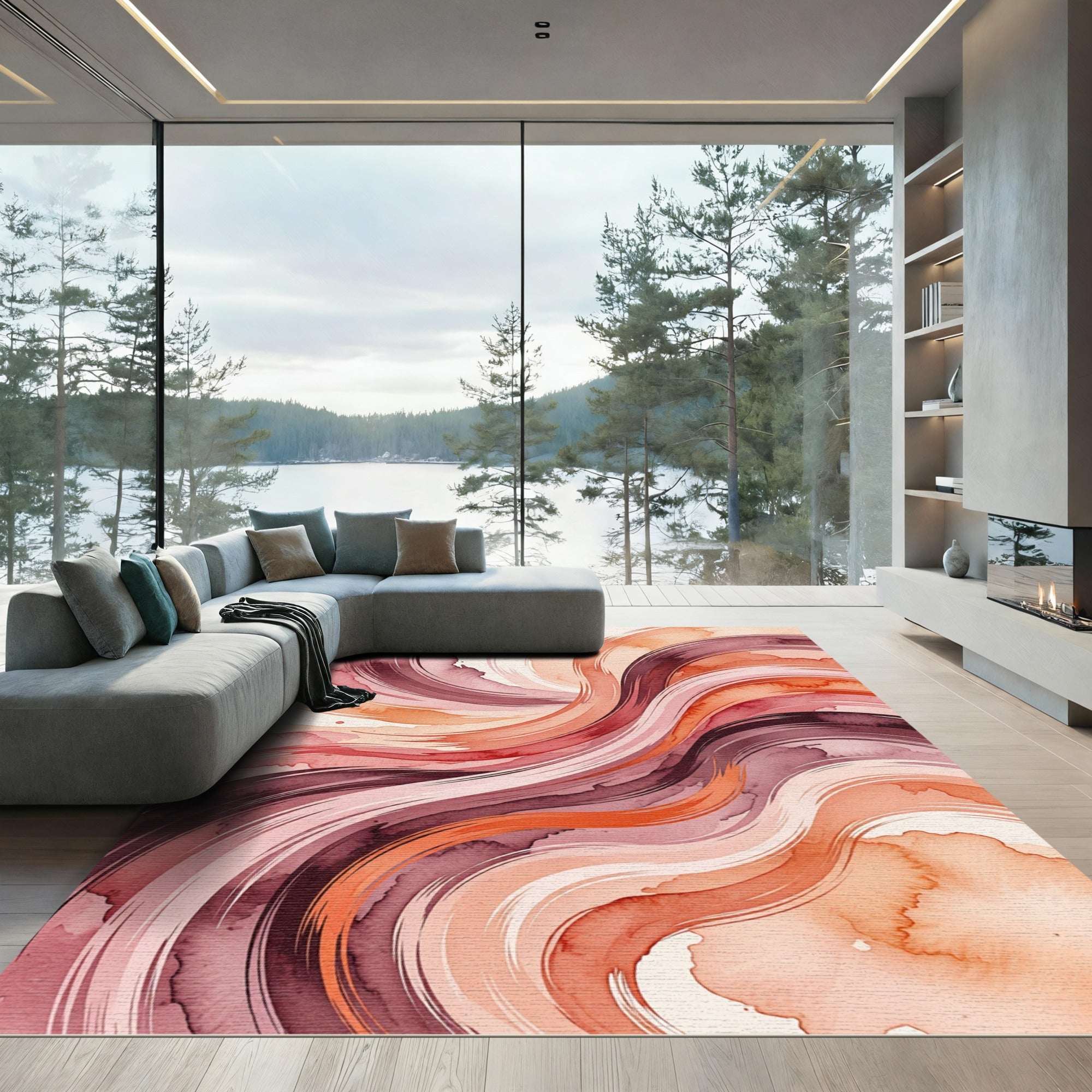 Earthy Crimson Swirl Watercolor Rug