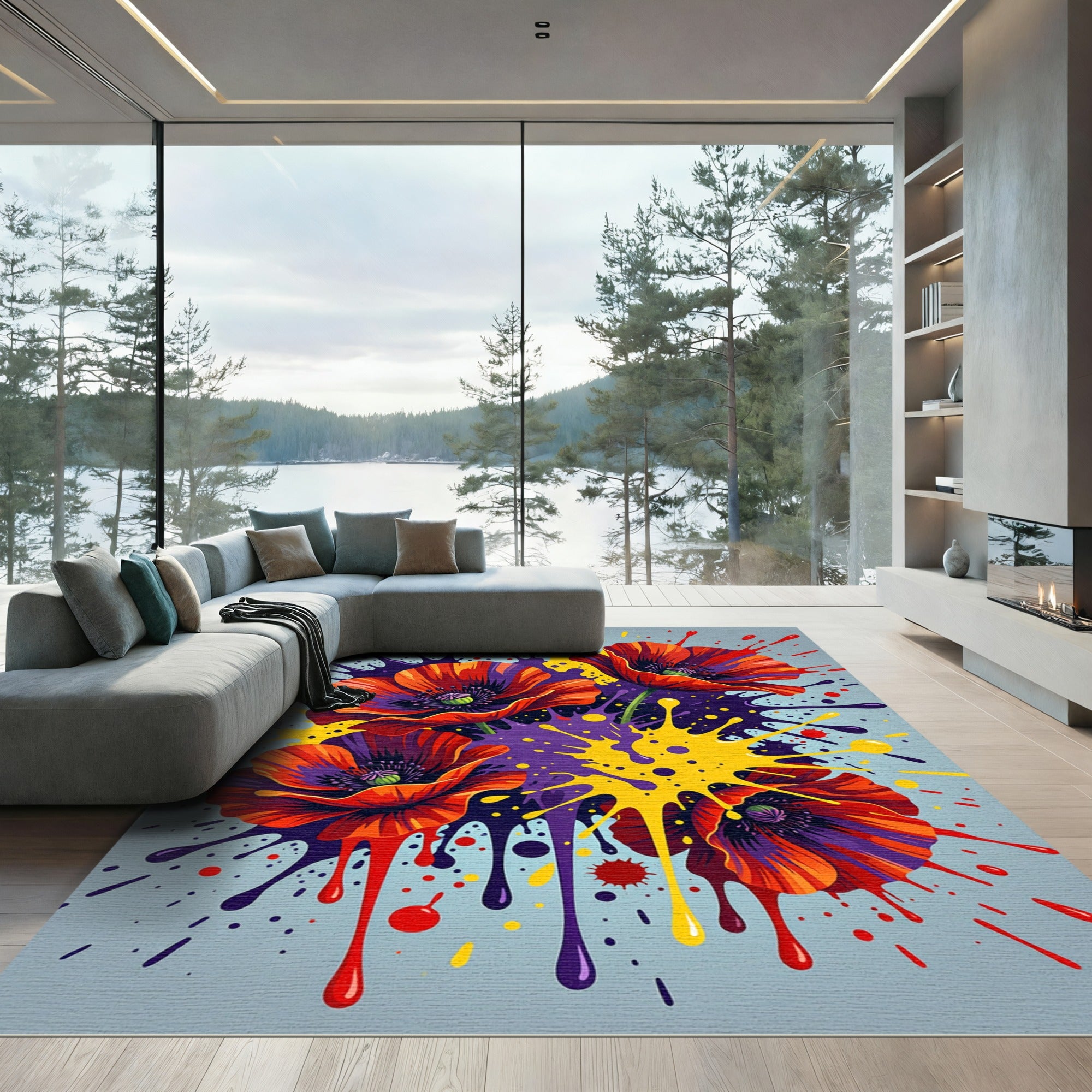 Vibrant Abstract Poppy Splatter Art Rug