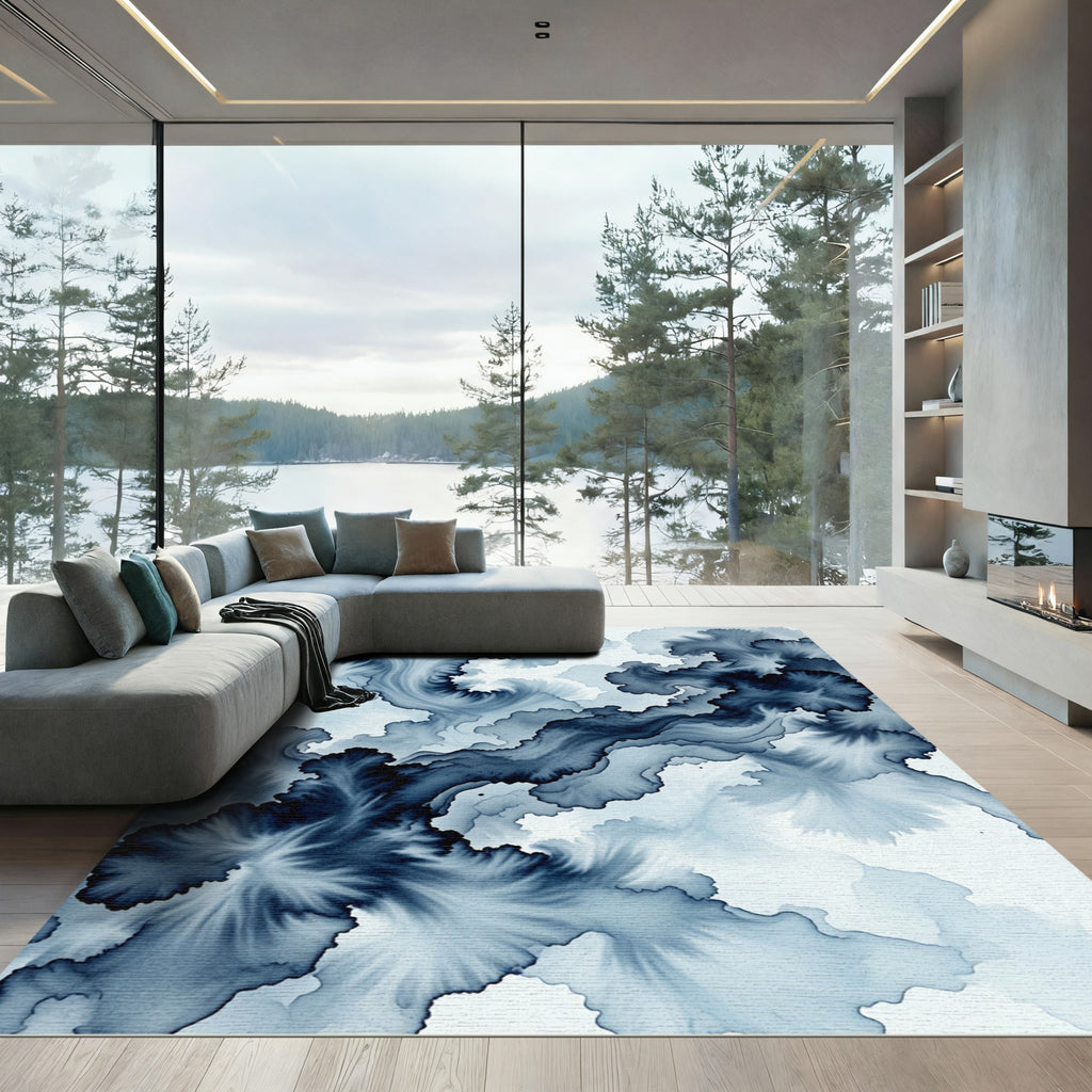Ethereal Navy Ink Flow Abstract Swirl Rug