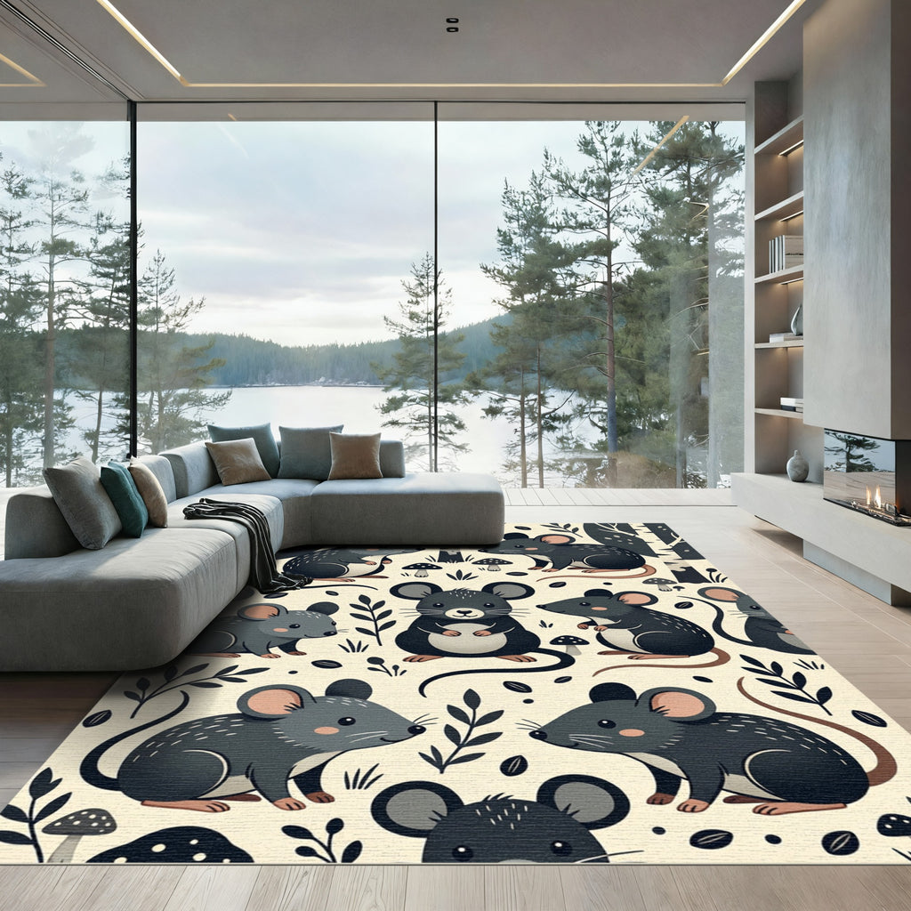 Whimsical Forest Mouse Cream Woodland Rug