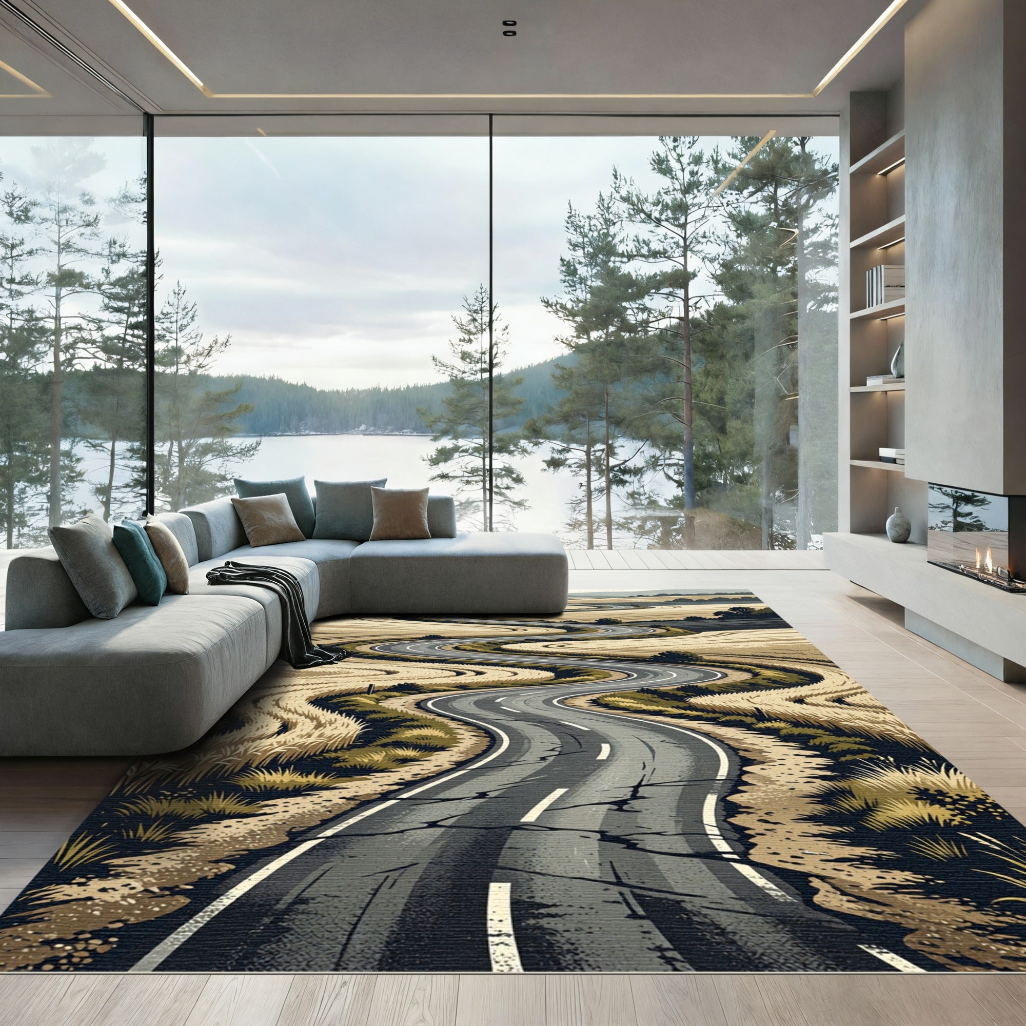 Winding Country Road Wheat Field Landscape Rug