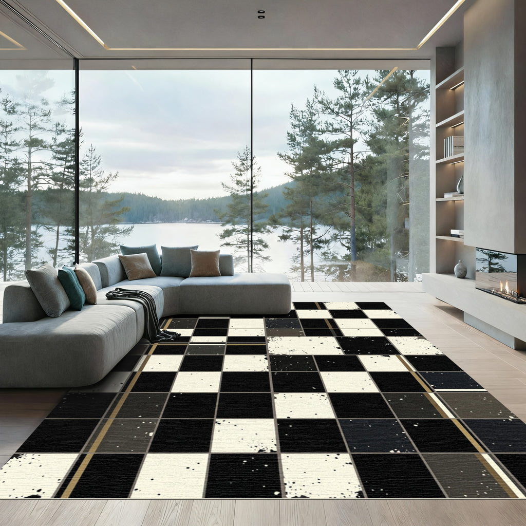 Monochrome Checkered Grid Speckled Area Rug