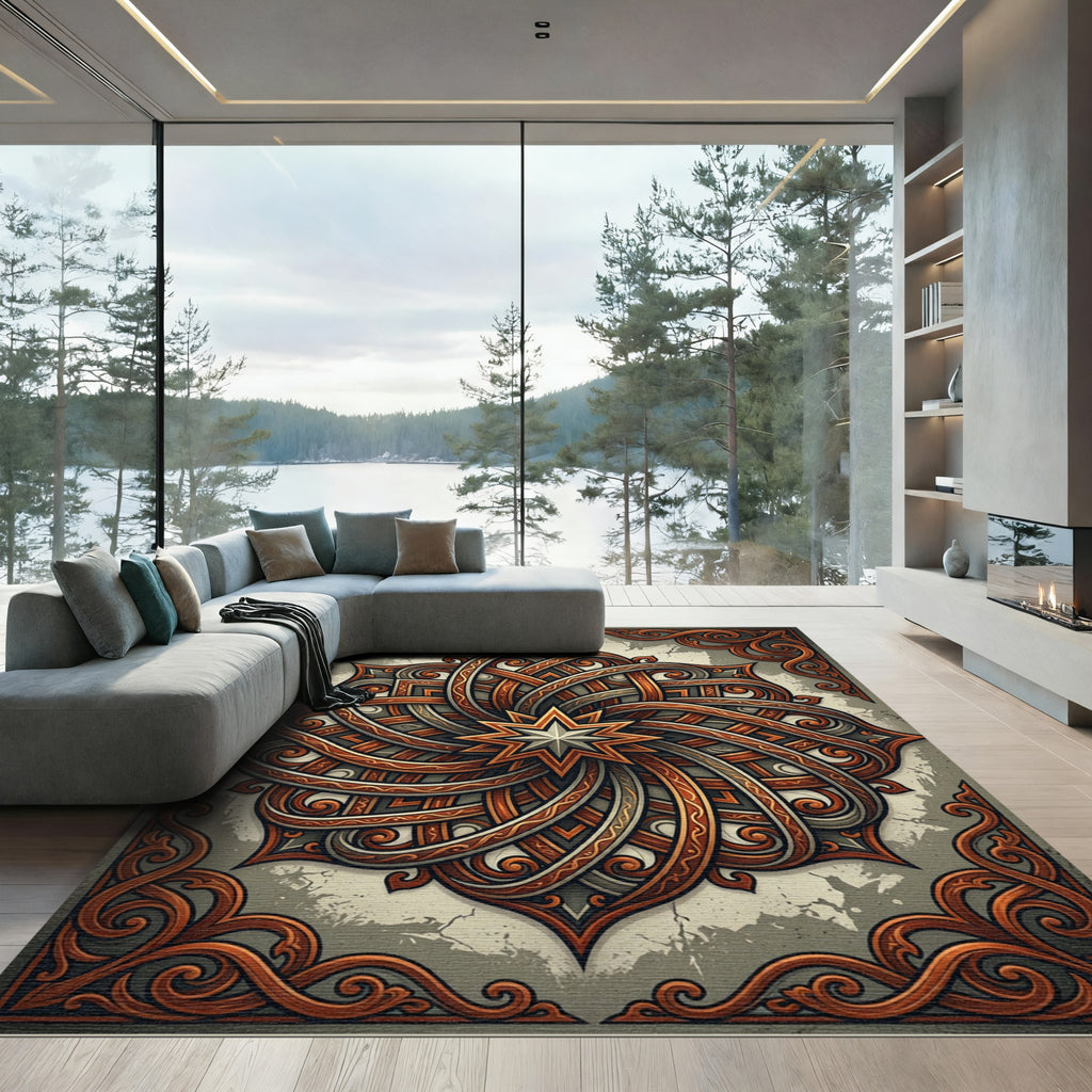 Ornate Amber Interlocking Star Motif Rug