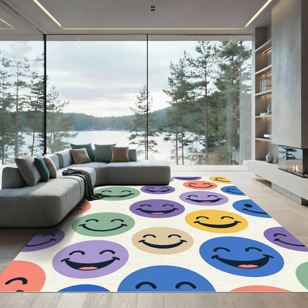 Cheerful Multicolored Smiley Face Whimsical Rug
