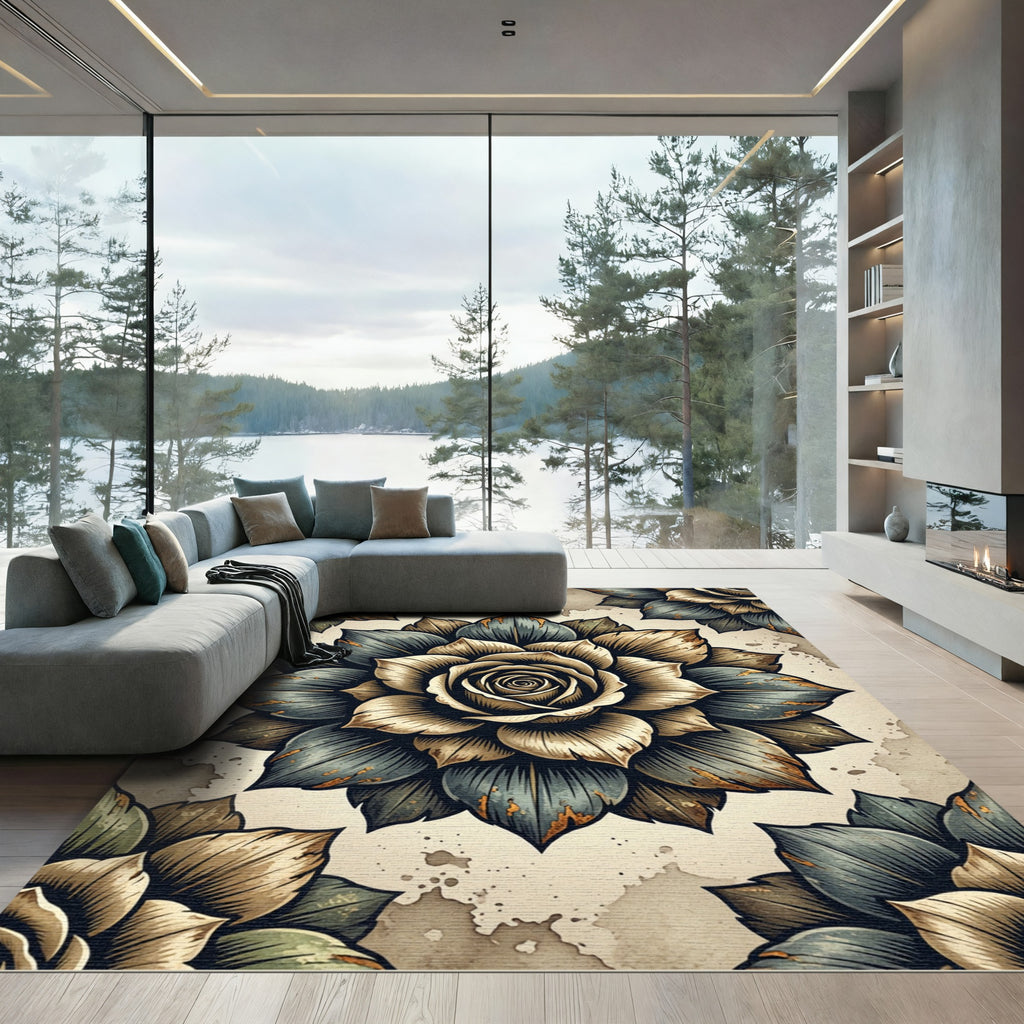 Vintage Dusty Blue Gold Rose Medallion Rug