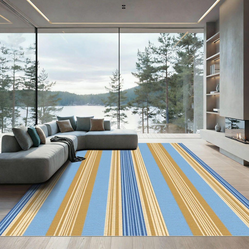 Classic Blue and Gold Striped Textile Rug
