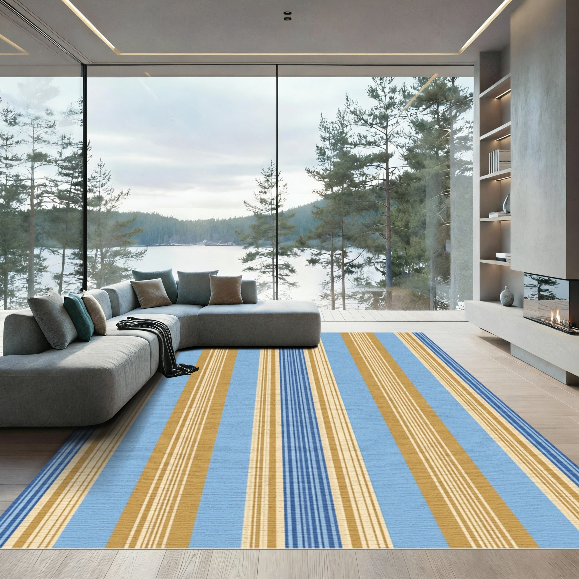 Classic Blue and Gold Striped Textile Rug