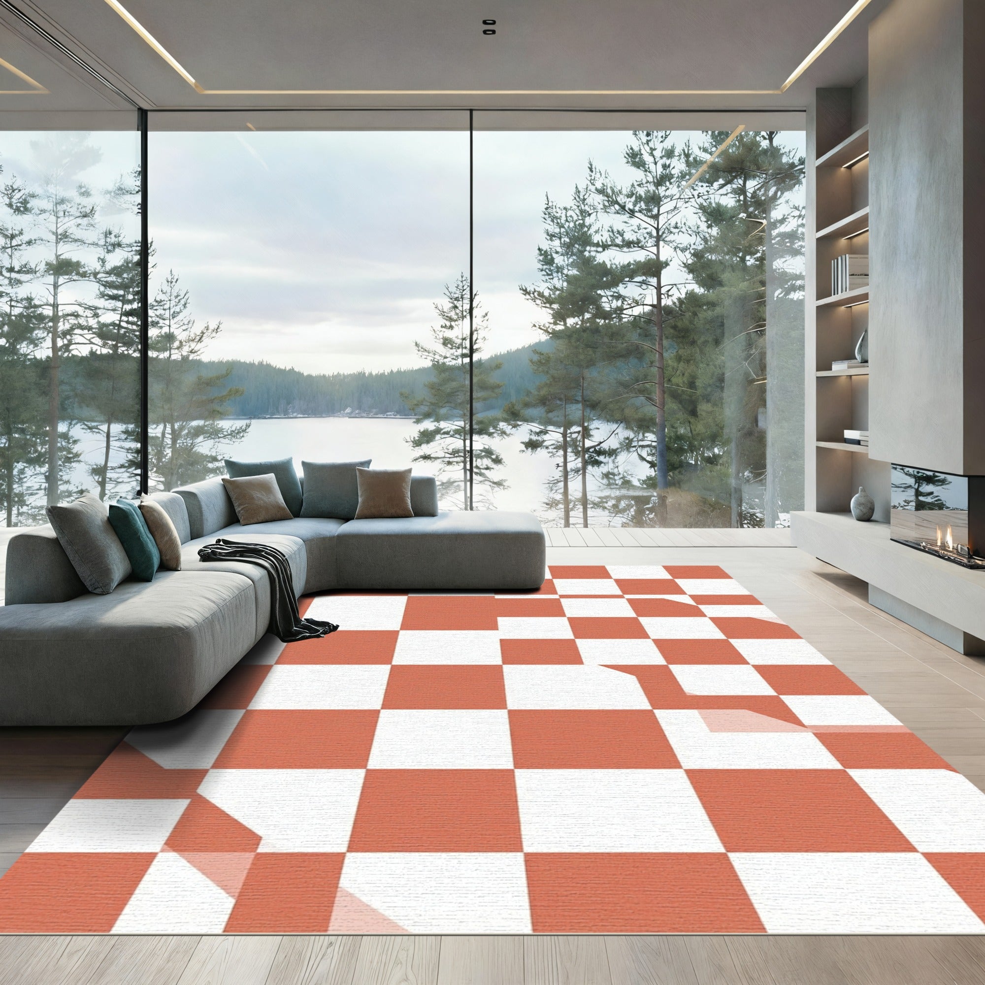 Modern Dusty Rose Checkered Grid Rug