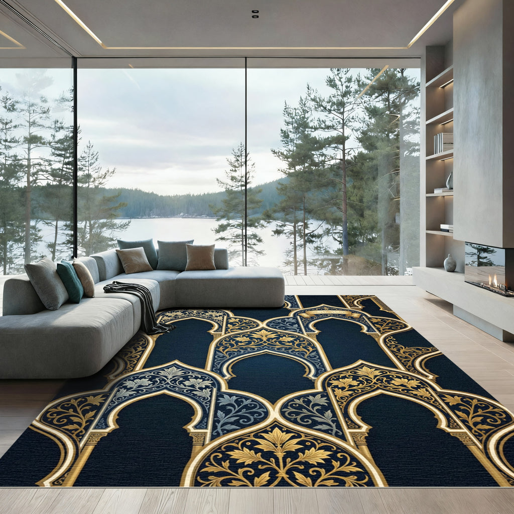 Elegant Gold Arch Royal Blue Tapestry Rug