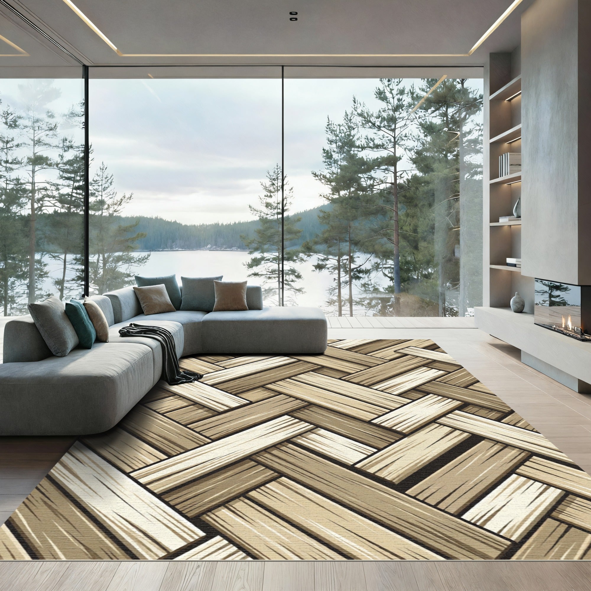 Neutral Herringbone Woven Texture Rug