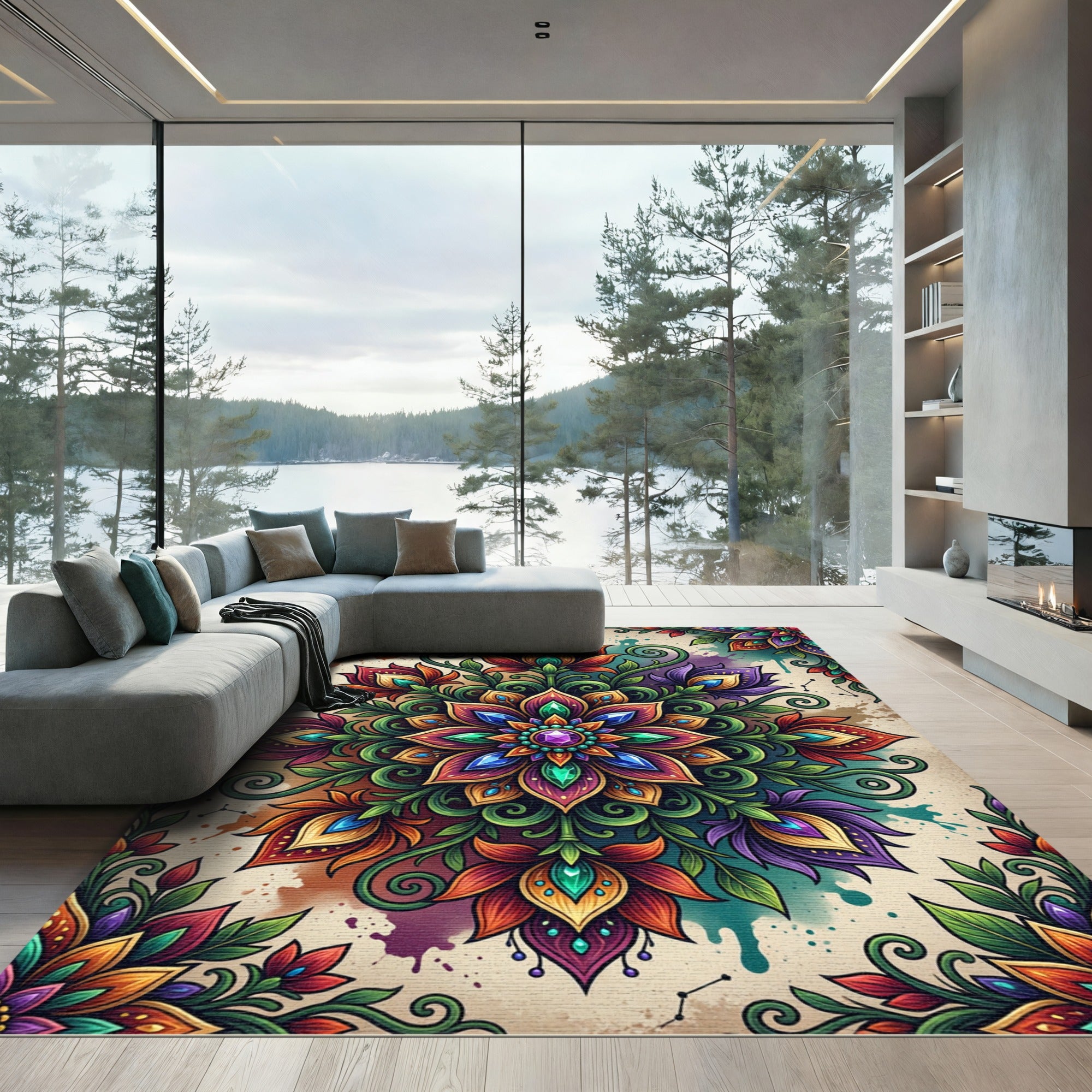 Vibrant Floral Mandala Jewel Medallion Rug