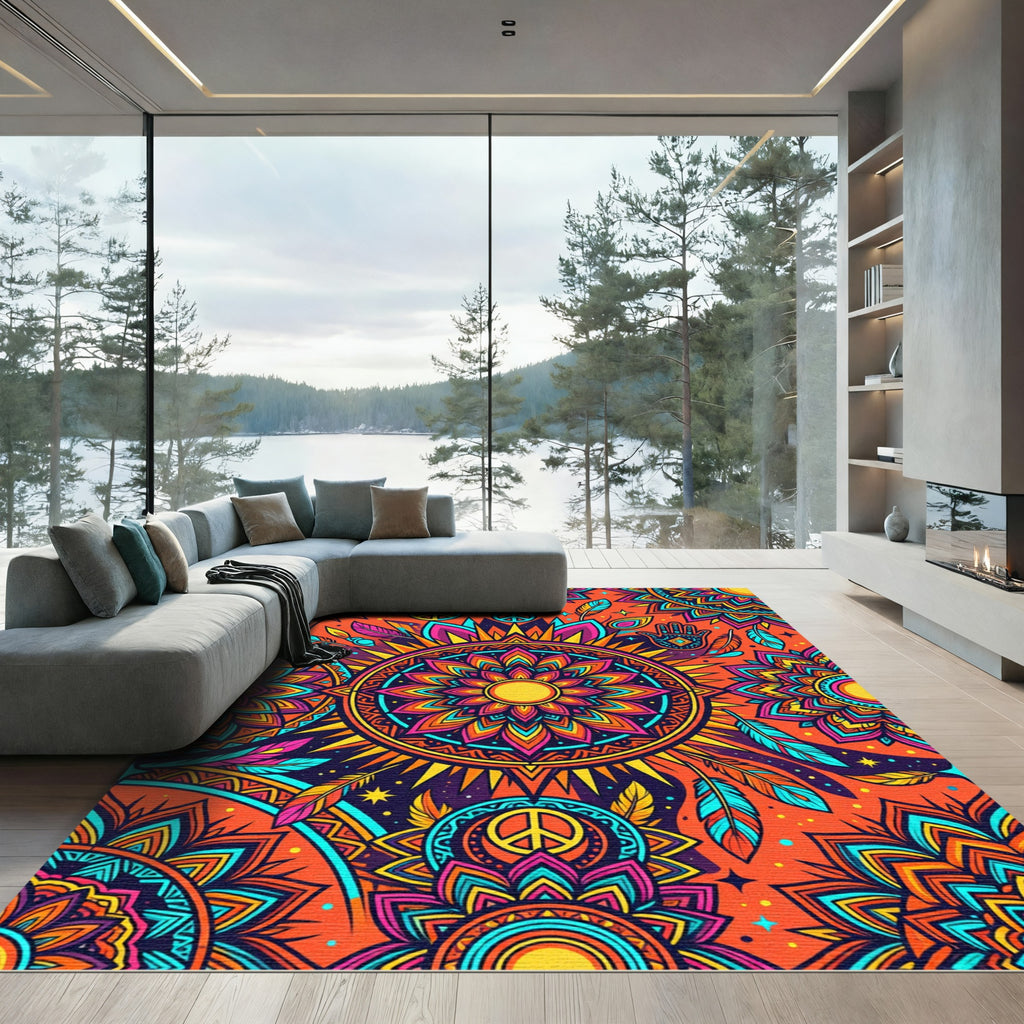 Vibrant Orange Sun Mandala Feathers Rug