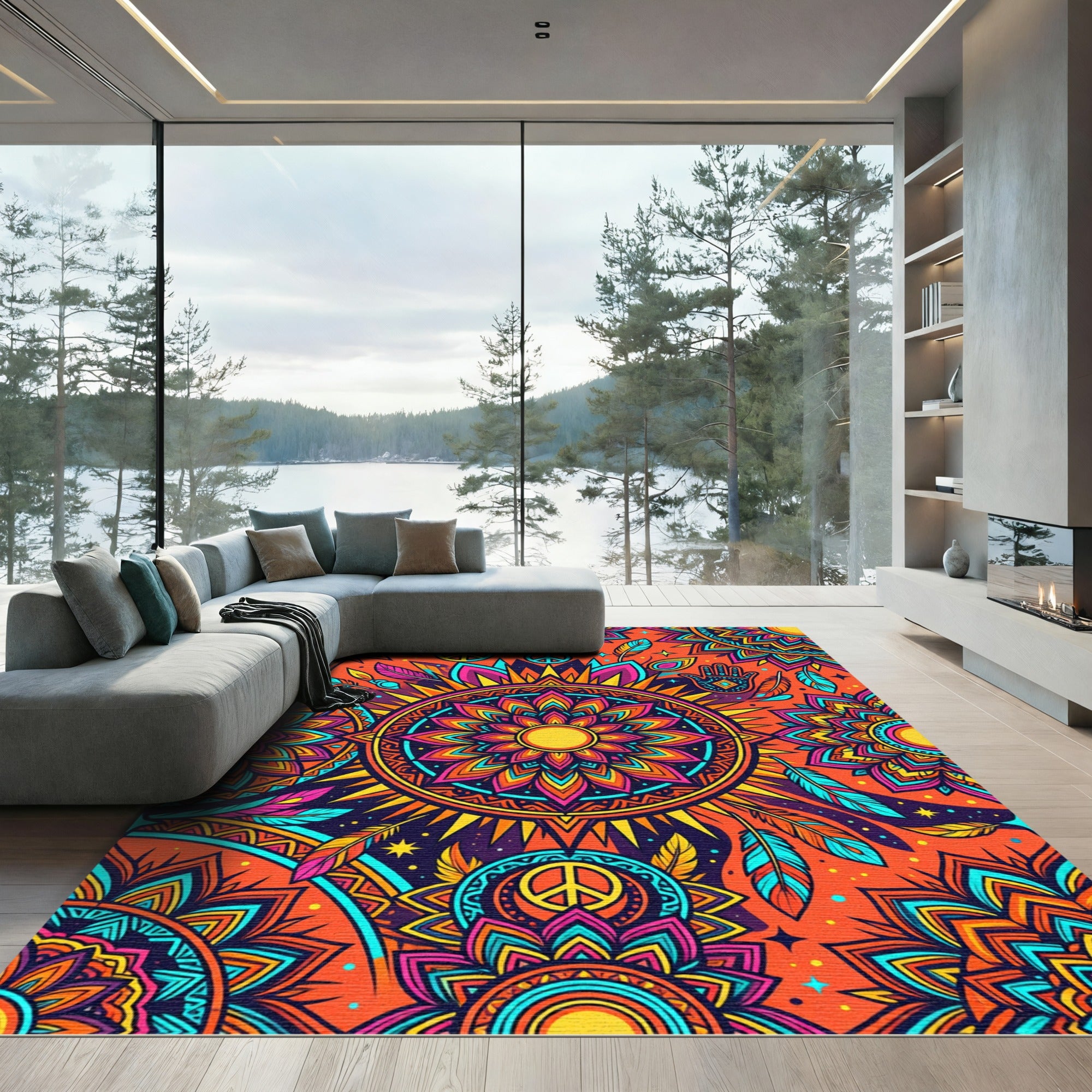 Vibrant Orange Sun Mandala Feathers Rug