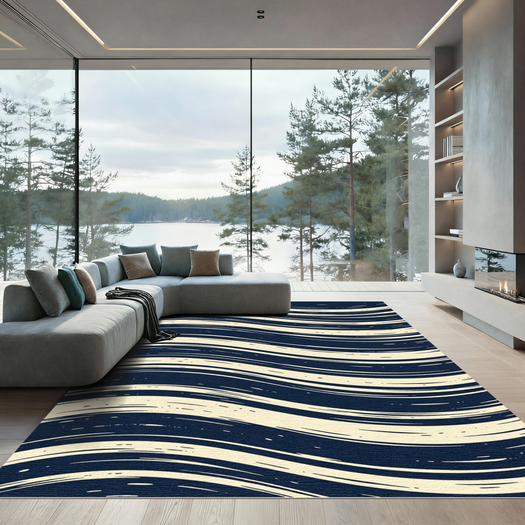 Navy Cream Organic Wavy Lines Rug