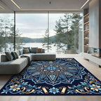 Azure Golden Starburst Floral Mandala Rug