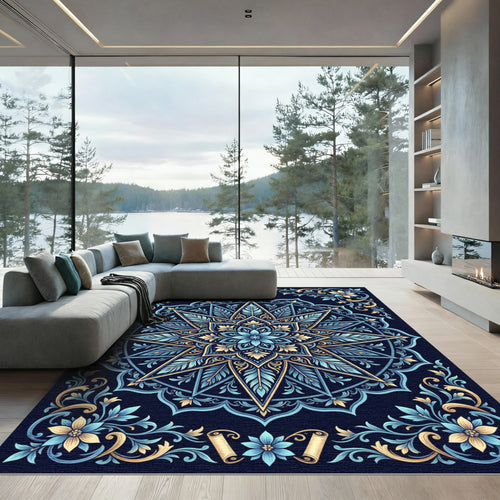 Azure Golden Starburst Floral Mandala Rug
