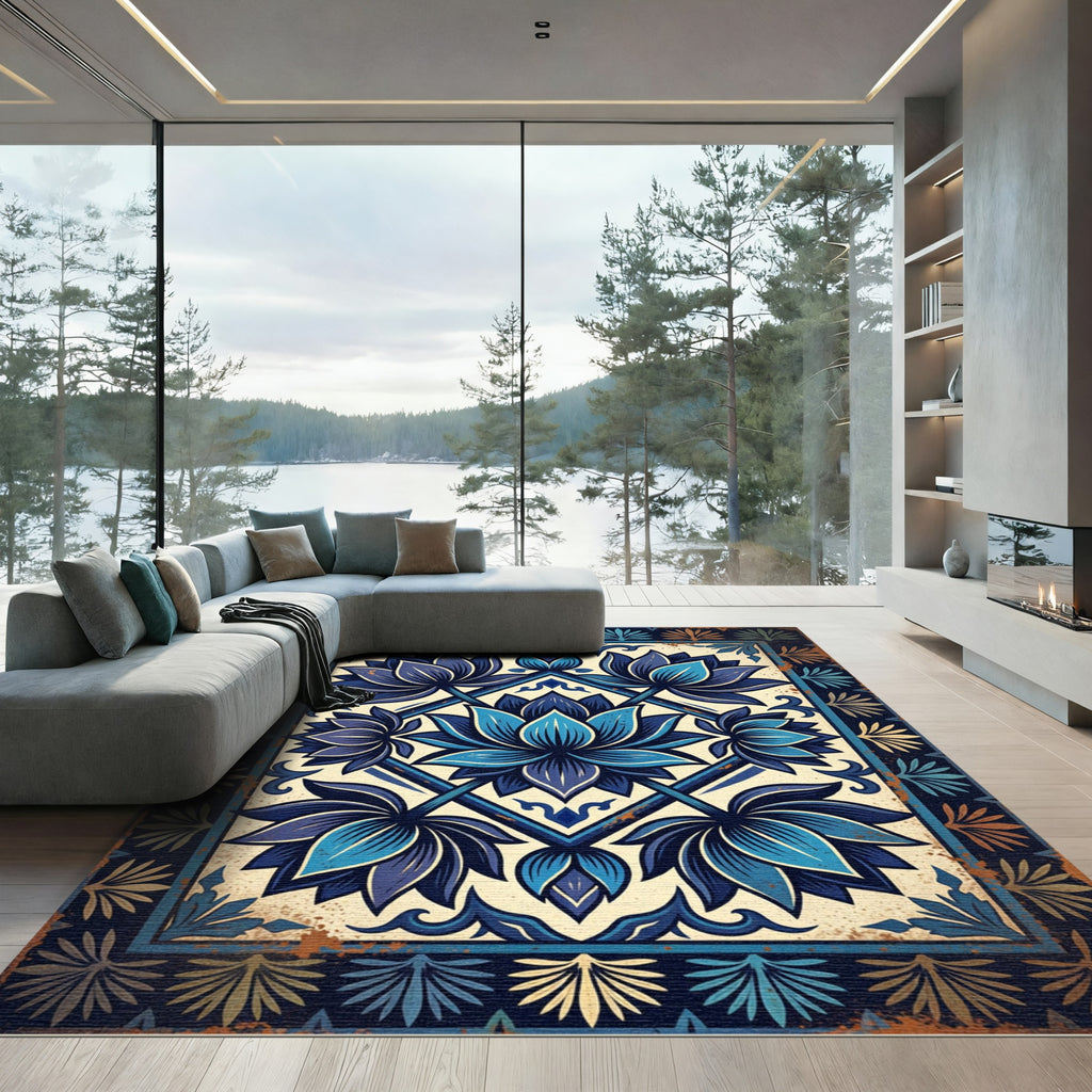 Deep Blue Lotus Mandala Rug
