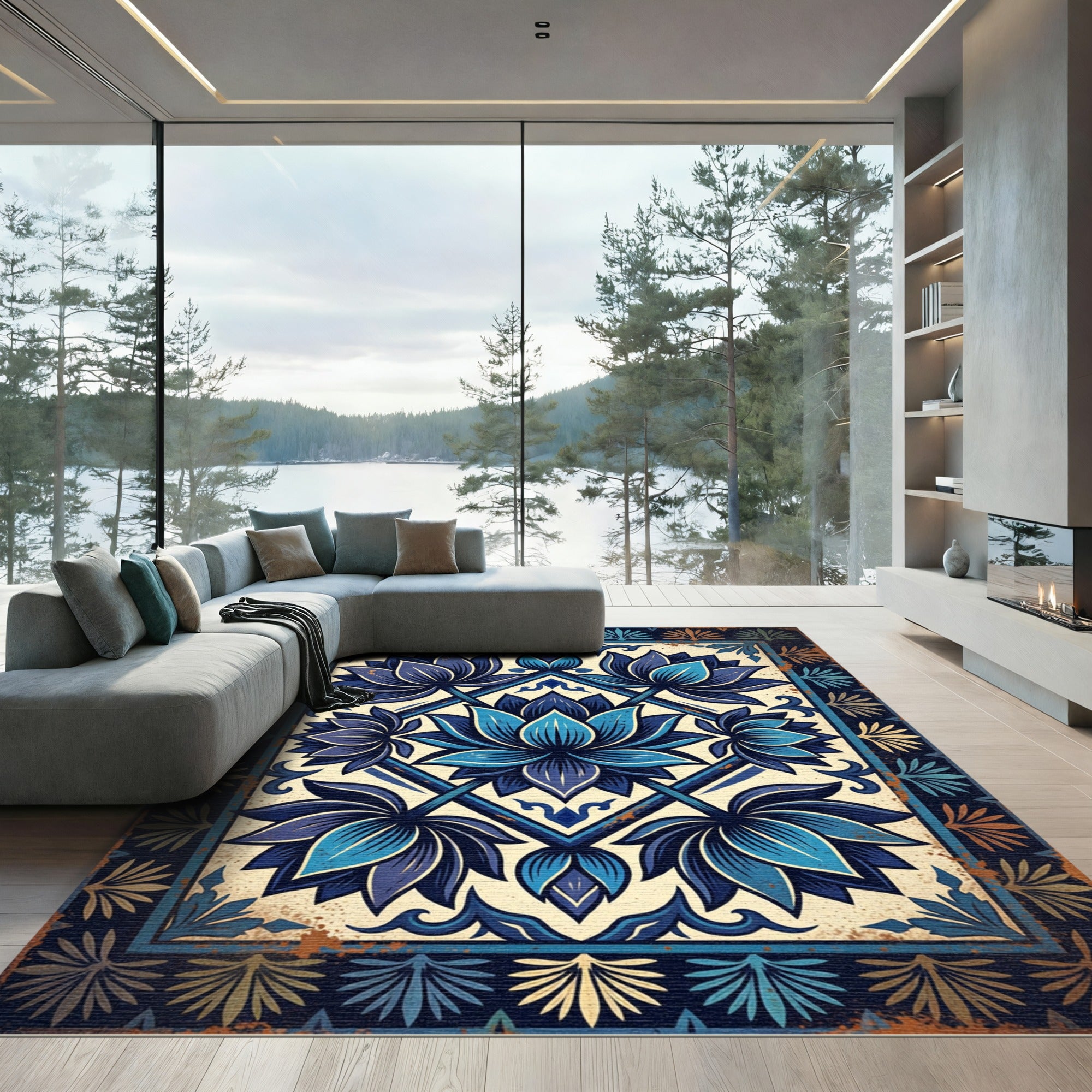 Deep Blue Lotus Mandala Rug
