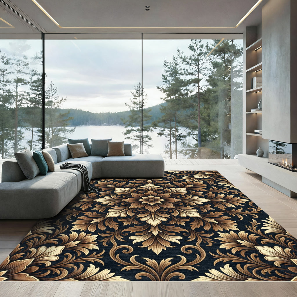 Elegant Gold Damask Floral Medallion Rug