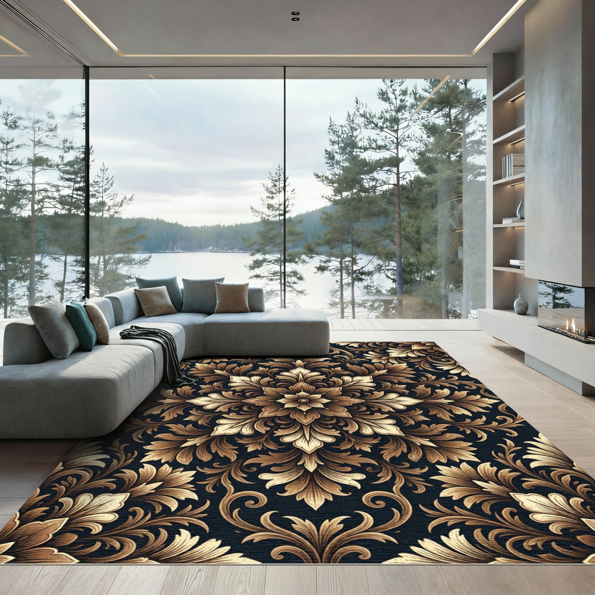 Elegant Gold Damask Floral Medallion Rug